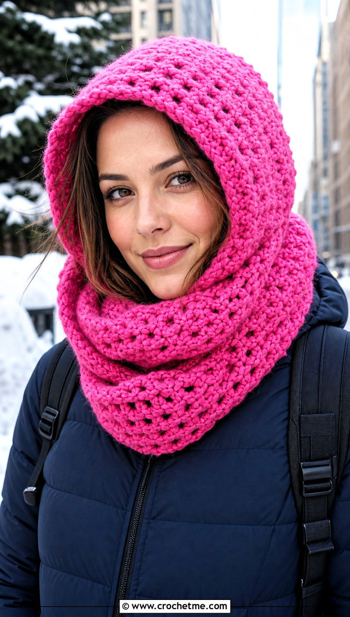 Hooded Crochet Scarf With Puffer Coat And Leggings - 25 Crochet Fun Scarf outfit ideas