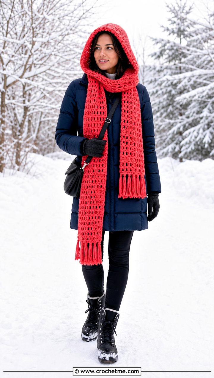 Hooded Crochet Scarf With Puffer Coat And Snow Boots - 35 easy crochet scarf for beginners outfit ideas