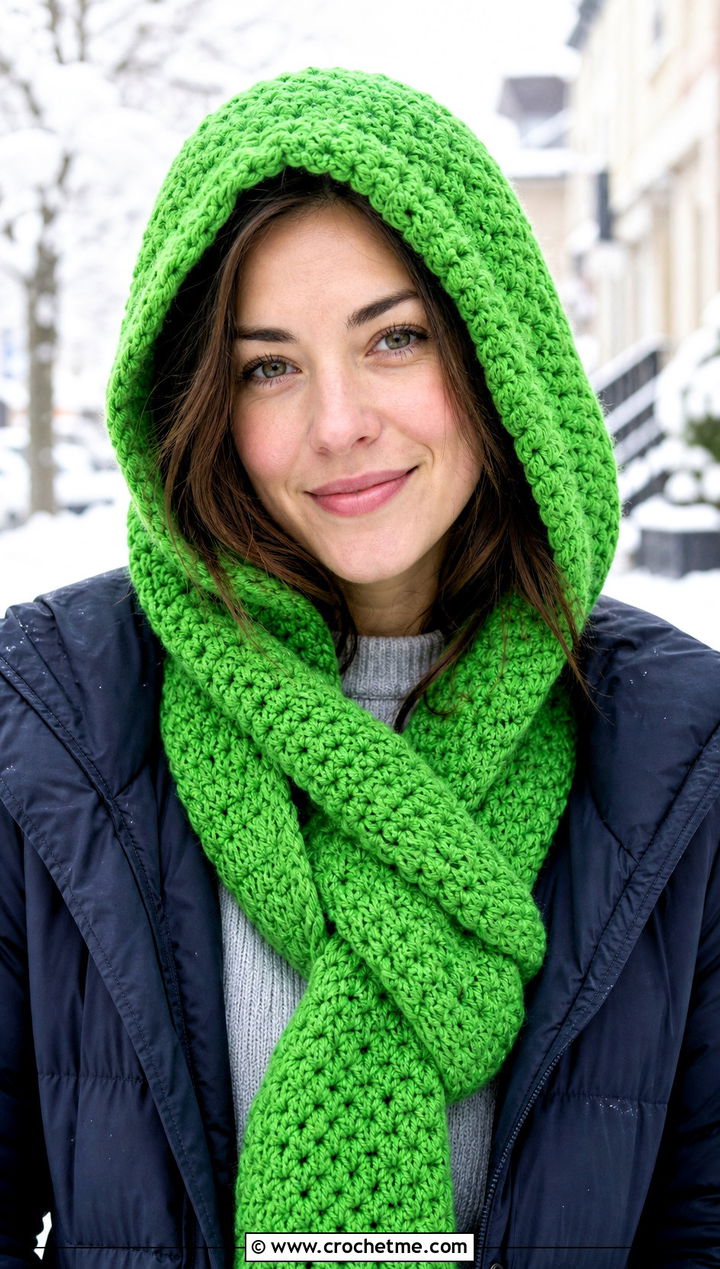 Hooded Crochet Scarf With Puffer Coat - 25 Crochet For Beginners Scarf outfit ideas