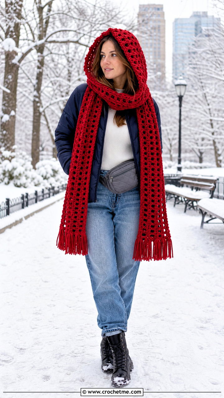 Hooded Crochet Scarf With Puffer Jacket - 35 beginner crochet scarf outfit ideas