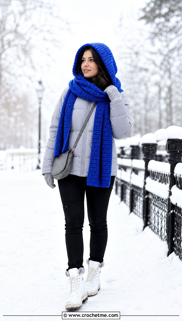 Hooded Crochet Scarf With Puffer Jacket - 35 crocheted scarf outfit ideas