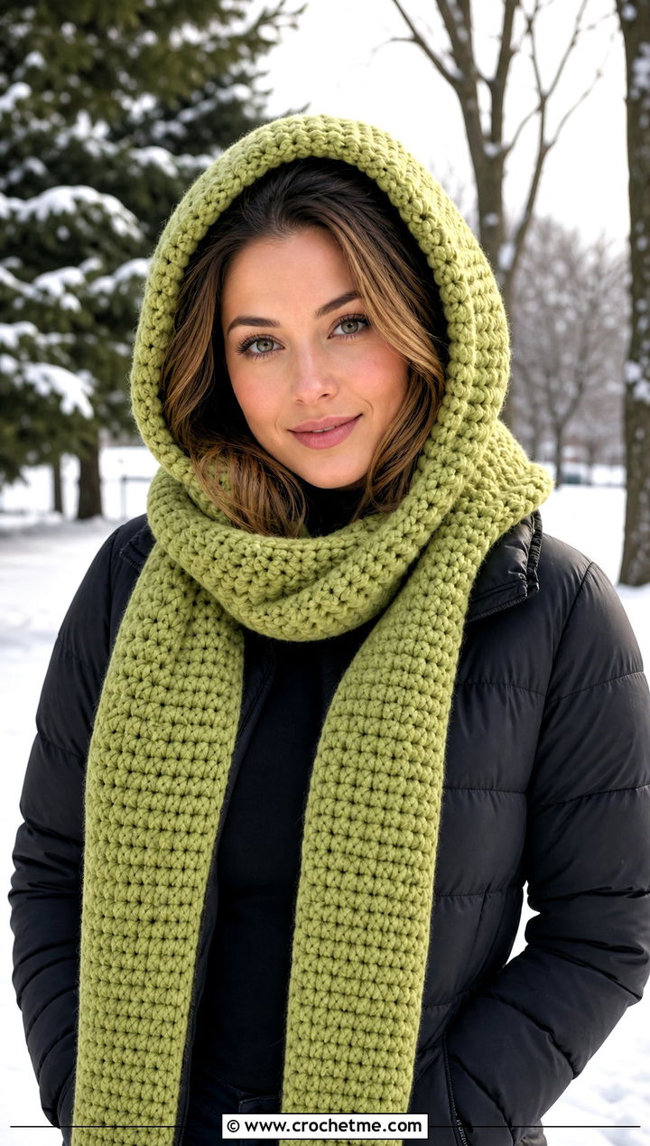 Hooded Crochet Scarf With Puffer Jacket - 25 crochet for scarfs outfit ideas