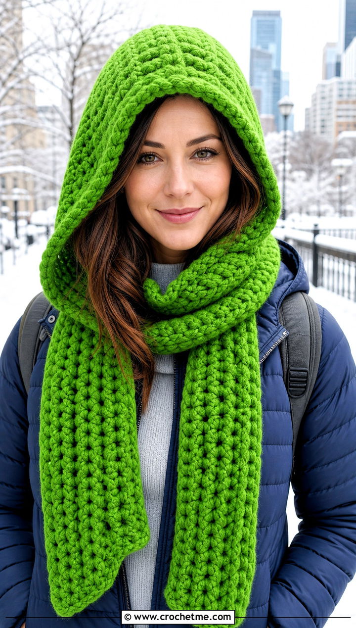 Hooded Crochet Scarf With Puffer Jacket - 20 Crochet Scarf For Beginners outfit ideas