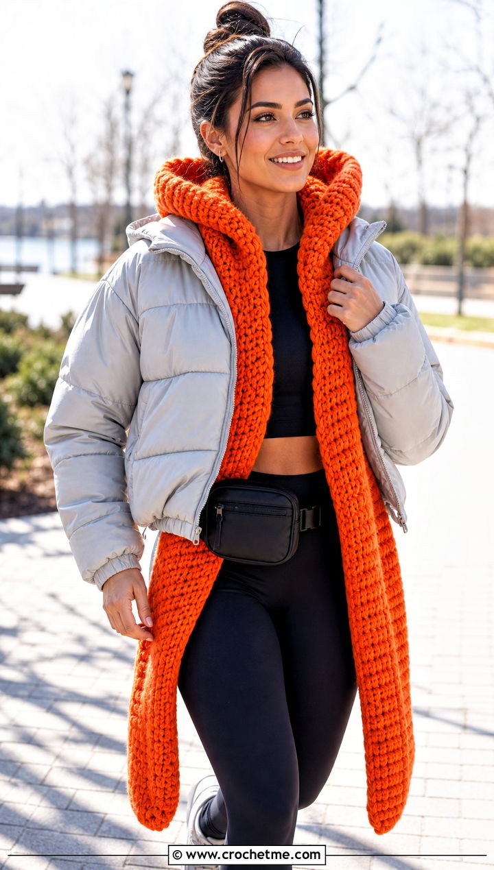 Hooded Crochet Scarf With Puffer Jacket - 30 bulky crochet scarf outfit ideas