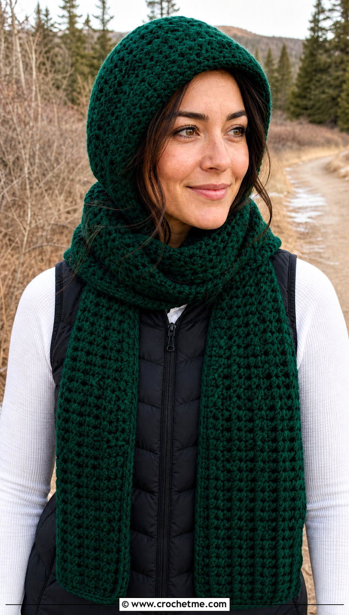 Hooded Crochet Scarf With Puffer Vest - 25 crochet scarf design ideas