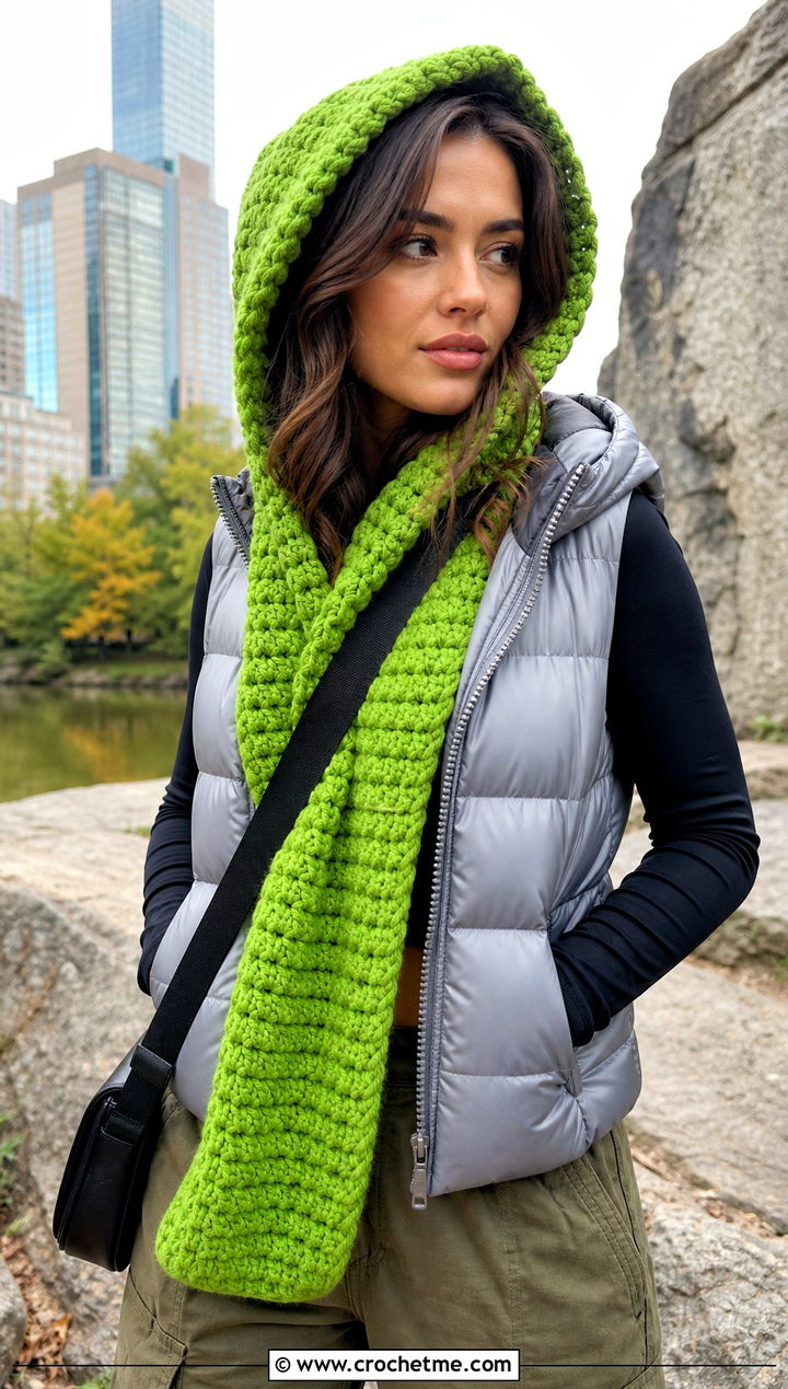Hooded Crochet Scarf With Puffer Vest And Cargo Pants - 20 Elegant Crochet Scarf outfit ideas