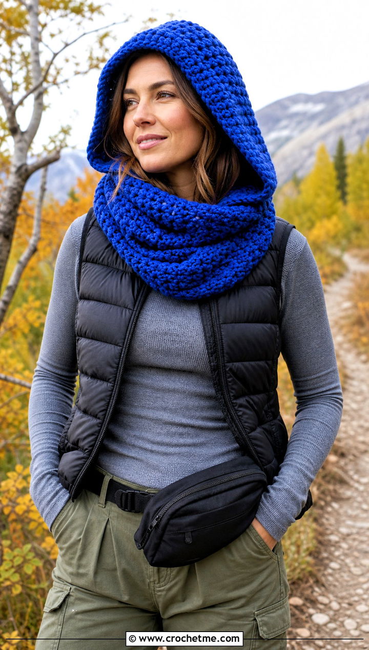 Hooded Crochet Scarf With Puffer Vest - 30 autumn crochet scarf outfit ideas