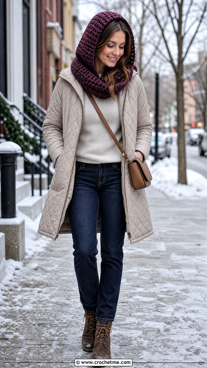 Hooded Crochet Scarf With Quilted Coat and Jeans - 35 easy one skein crochet scarf outfit ideas