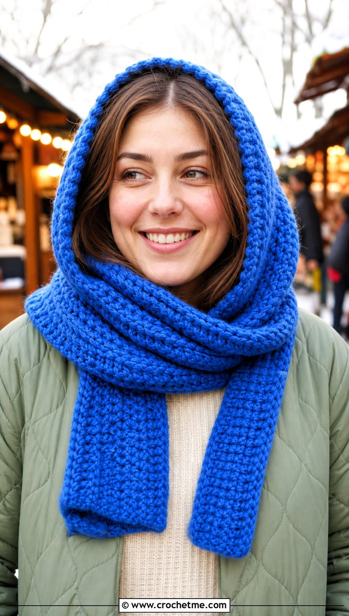 Hooded Crochet Scarf With Quilted Jacket - 30 unique crochet scarf outfit ideas
