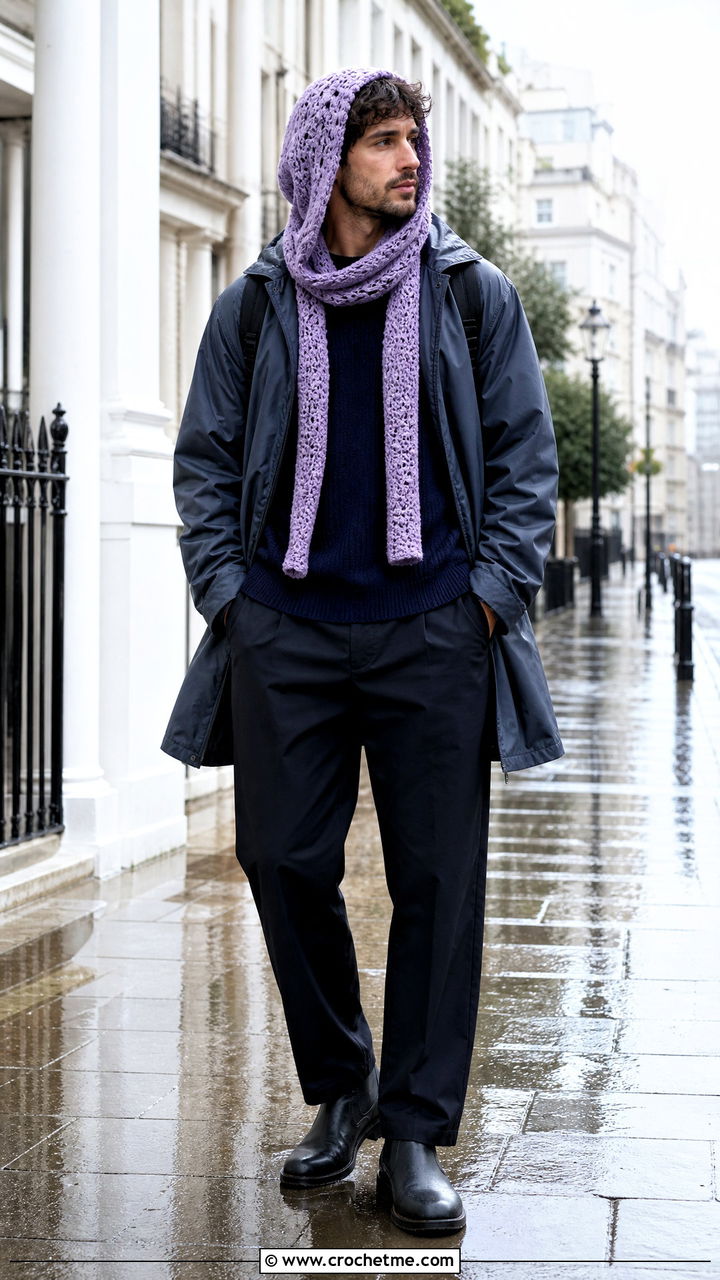 Hooded Crochet Scarf With Raincoat - 35 men's crochet scarf outfit ideas