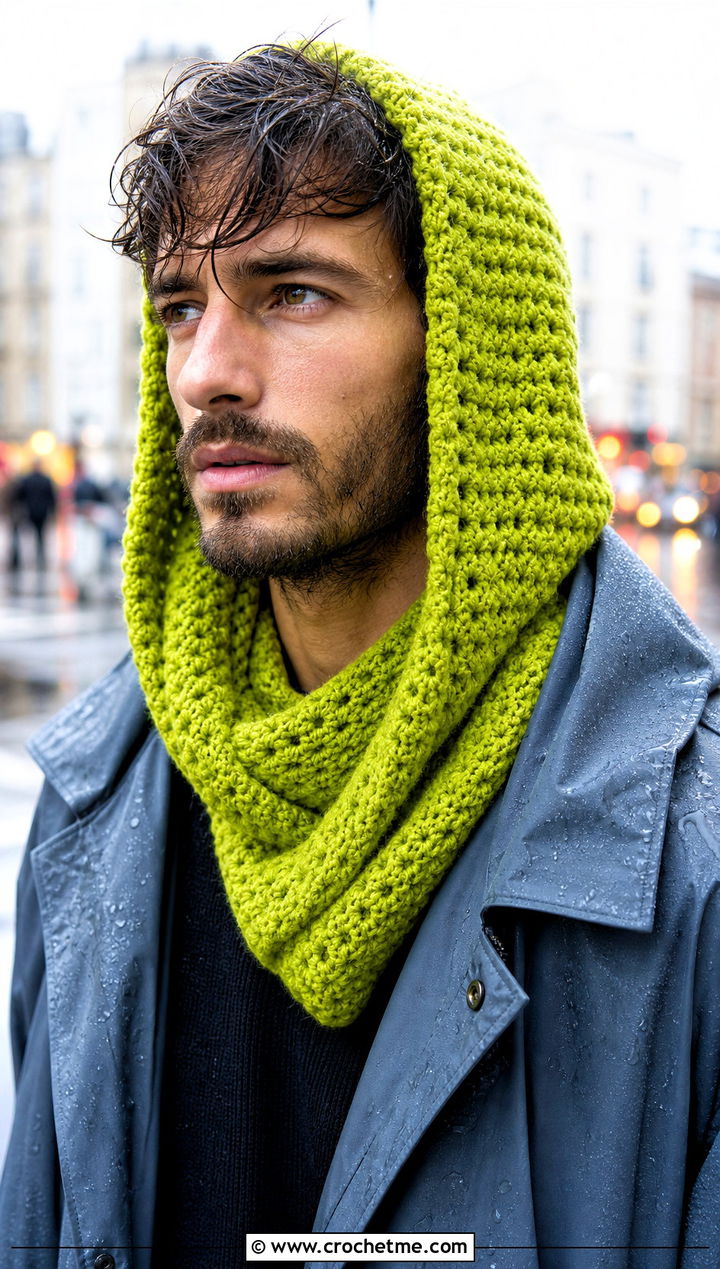 Hooded Crochet Scarf With Raincoat - 30 Mens Crochet Scarf outfit ideas