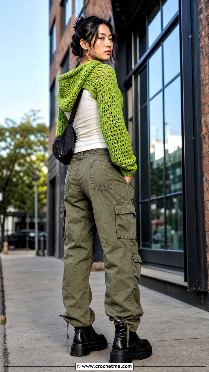 Hooded Crochet Scarf With Sleeves And Cargo Pants - 35 crochet scarf with sleeves outfit ideas