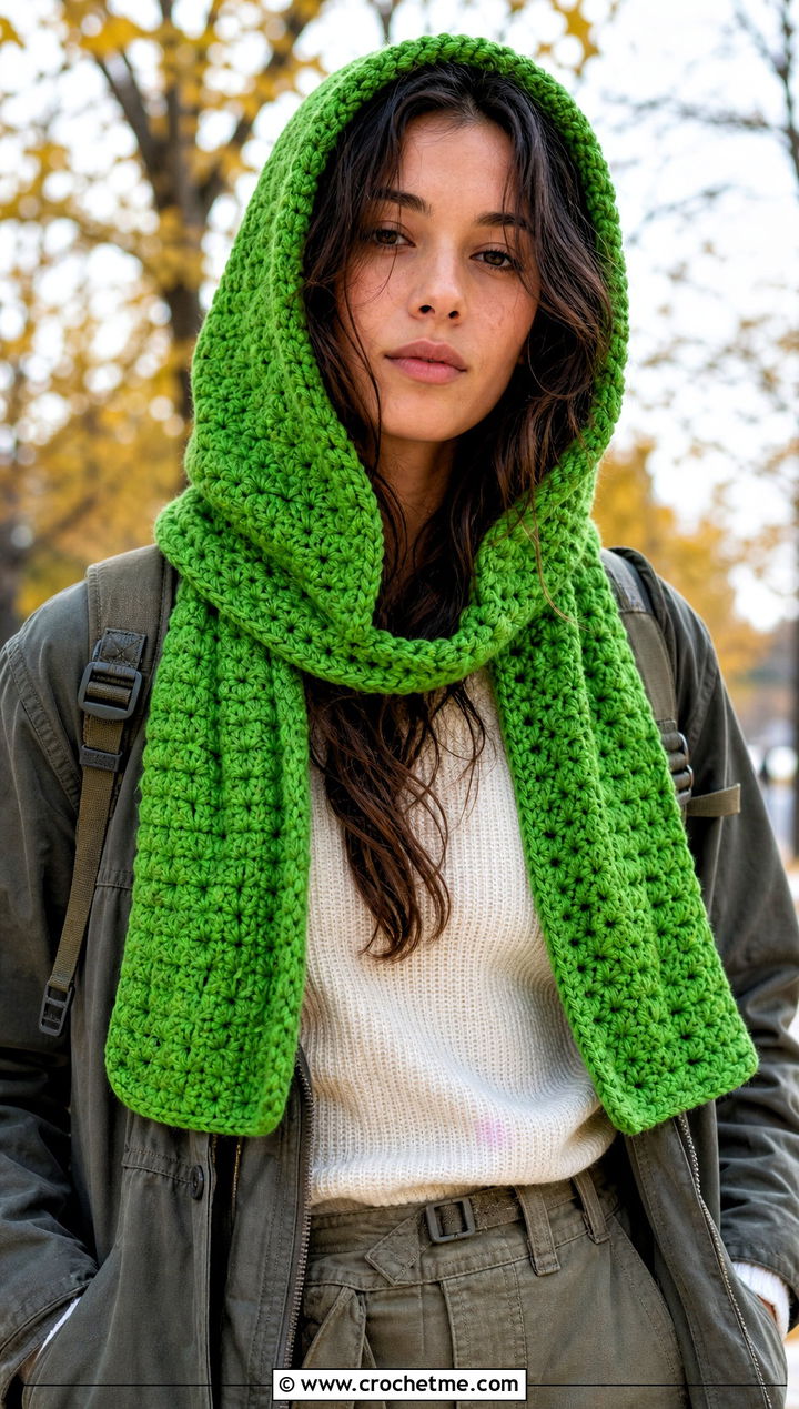 Hooded Crochet Scarf With Utility Jacket - 15 Crochet Unisex Scarf outfit ideas