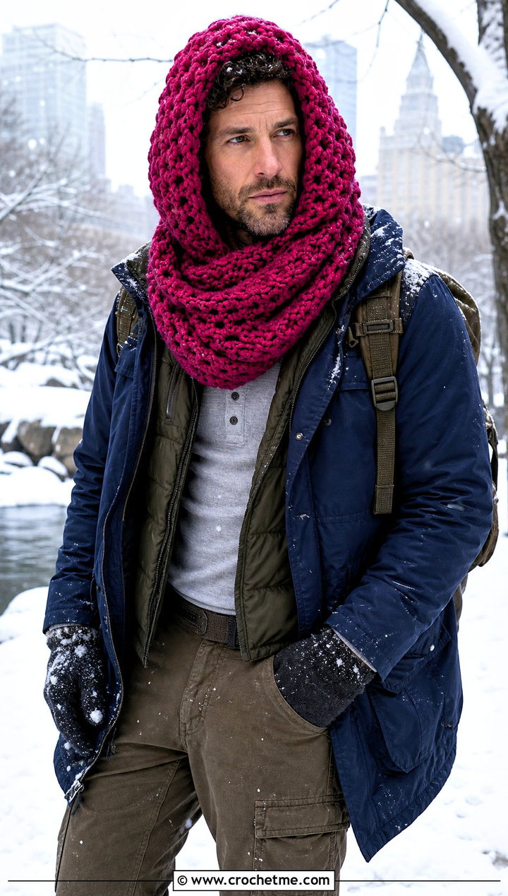 Hooded Crochet Scarf With Winter Parka - 30 male crochet scarf outfit ideas
