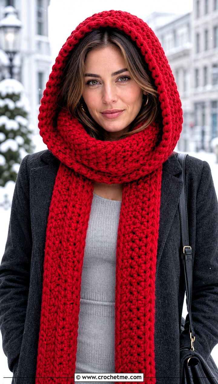 Hooded Crochet Scarf With Wool Coat - 15 Crochet For Scarves Using Bulky Yarn outfit ideas