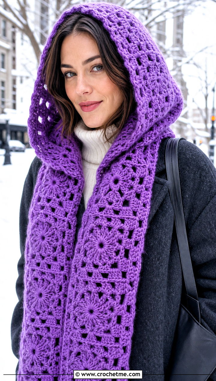 Hooded Crochet Scarf With Wool Coat - 20 Beginner Crochet Projects Scarf outfit ideas