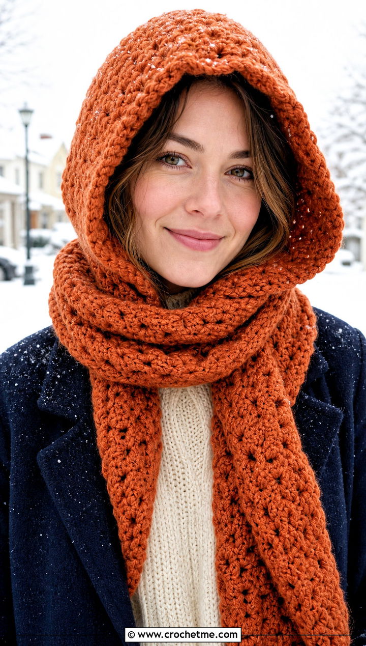 Hooded Crochet Scarf With Wool Coat And Boots - 25 Quick And Easy Crochet Scarf outfit ideas