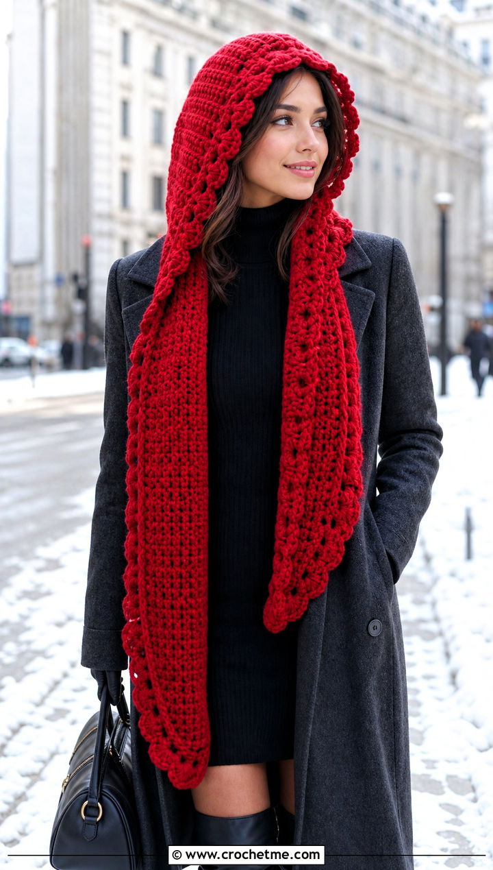 Hooded Crochet Scarf With Wool Coat And Tall Boots - 15 Crochet Fancy Scarf outfit ideas