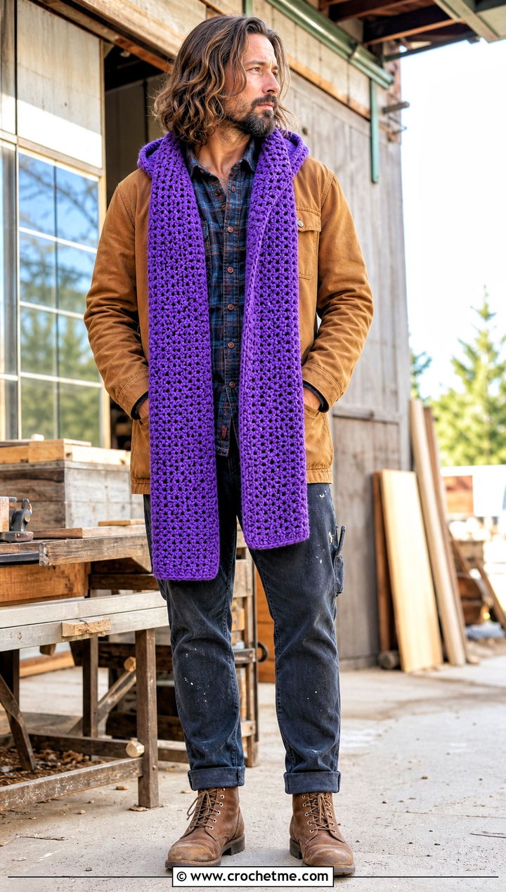 Hooded Crochet Scarf With Workwear Jacket - 35 men crochet scarf outfit ideas