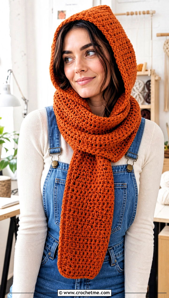 Hooded Crochet Scoodie Snood With Denim Overalls - 25 hooded crochet cowl snood outfit ideas