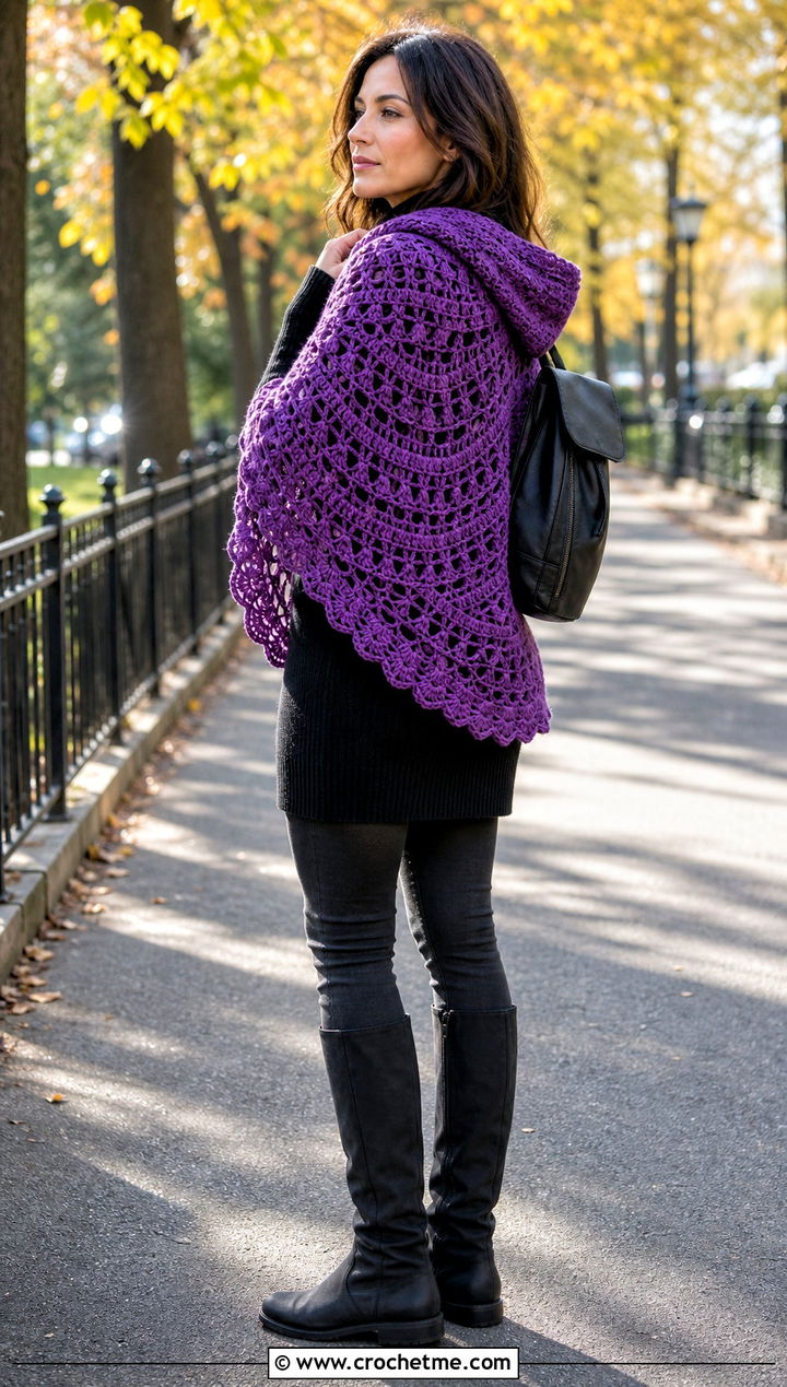 Hooded Crochet Semi Circle Shawl With Leggings - 25 Crochet Semi Circle Shawl outfit ideas
