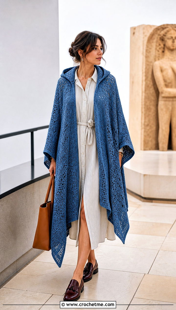 Hooded Crochet Shawl Cape With Shirt Dress - 25 Hooded Crochet Cape outfit ideas