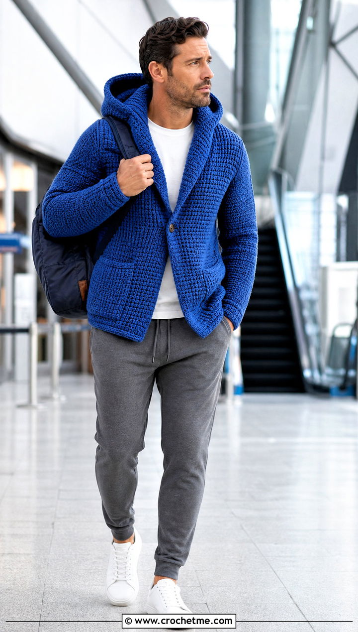 Hooded Crochet Shawl Collar Cardigan With Joggers - 20 Mens Crochet Shawl Collar Cardigan outfit ideas