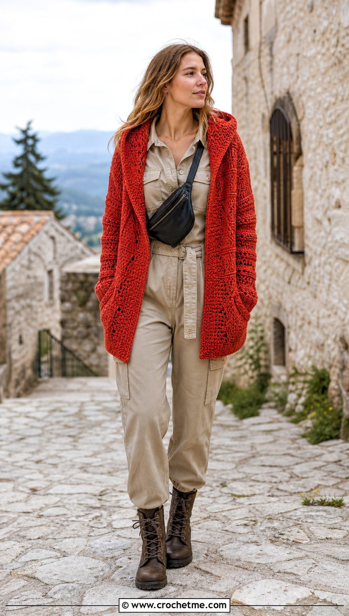 Hooded Crochet Shawl Collar Sweater With Utility Jumpsuit - 20 Crochet Shawl Collar Sweater outfit ideas