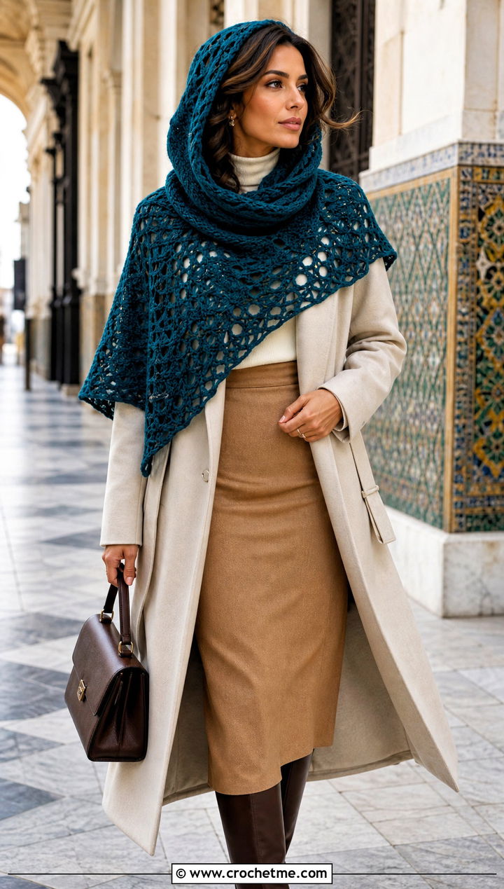 Hooded Crochet Shawl Scarf With Belted Coat - 30 crochet scarf hood outfit ideas