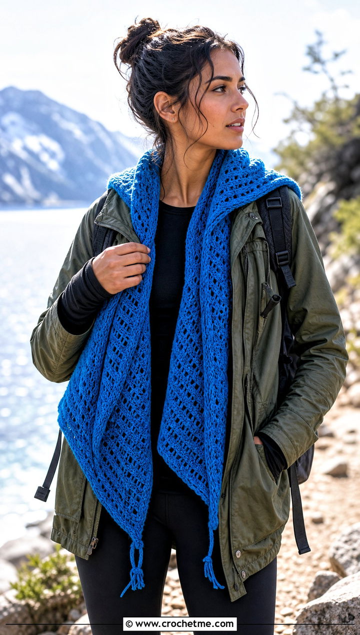 Hooded Crochet Shawl Scarf With Utility Jacket - 30 crochet shawl scarf outfit ideas