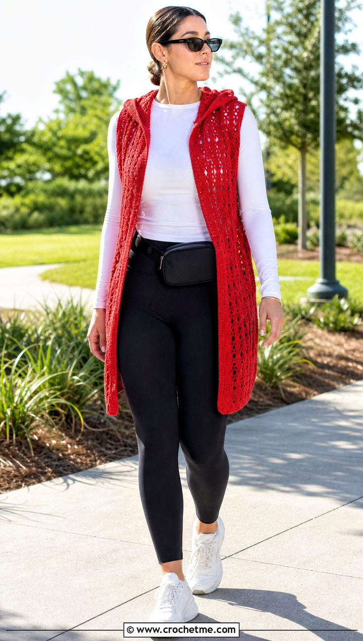 Hooded Crochet Shawl Vest With Leggings And Sneakers - 25 crochet shawl vest outfit ideas