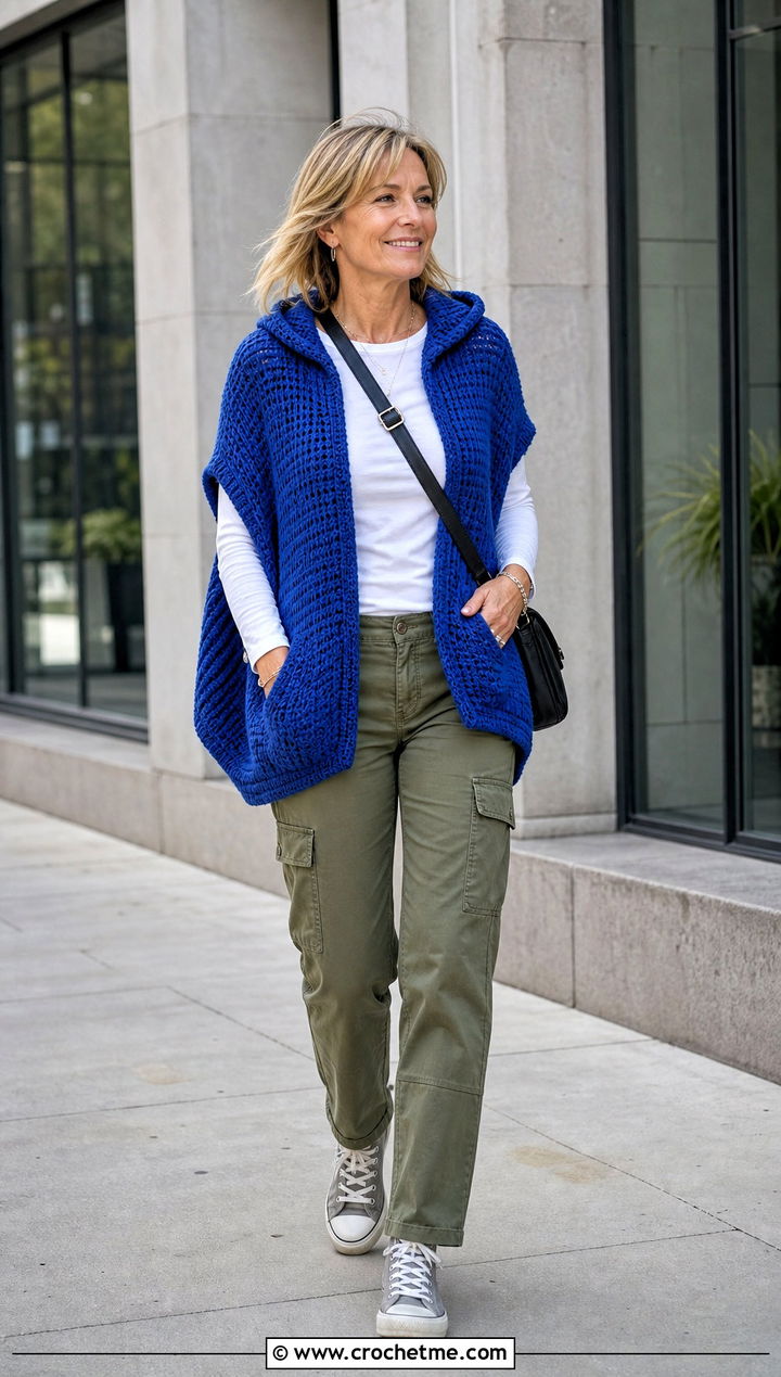 Hooded Crochet Shawl With Arm Holes And Cargo Pants - 30 crochet shawl with arm holes outfit ideas