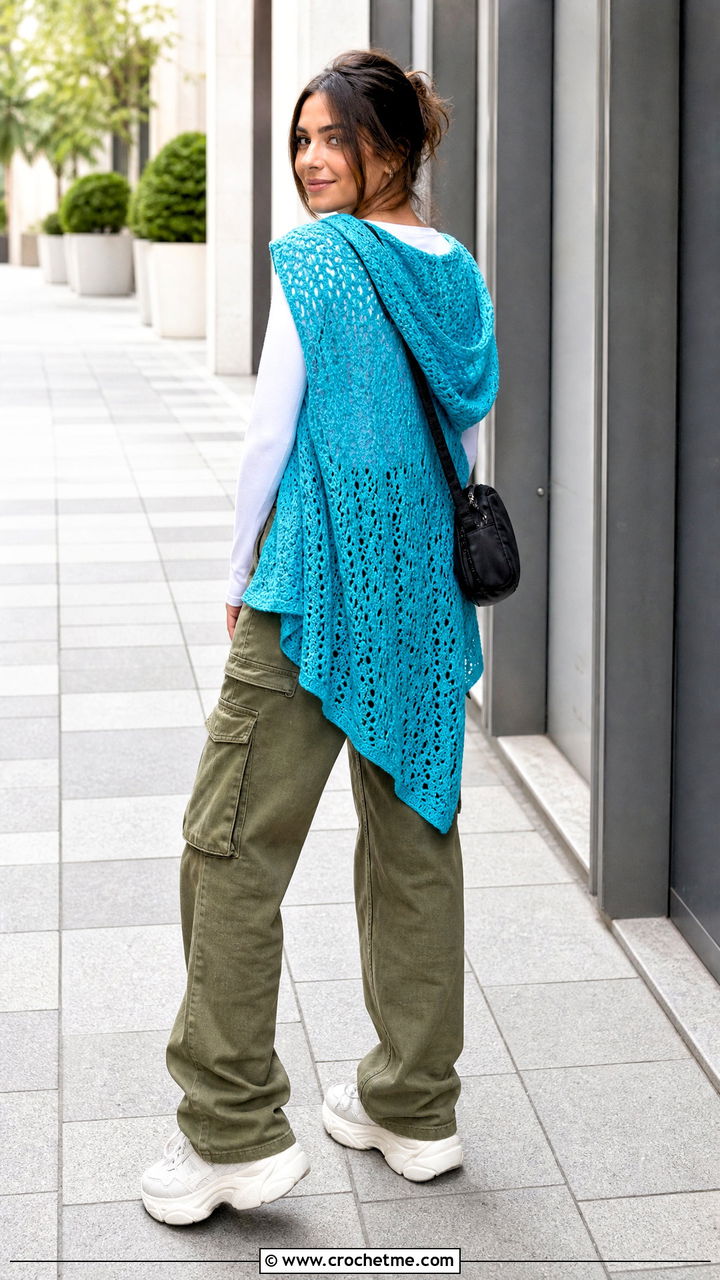 Hooded Crochet Shawl With Cargo Pants - 35 easy simple crochet shawl outfit ideas