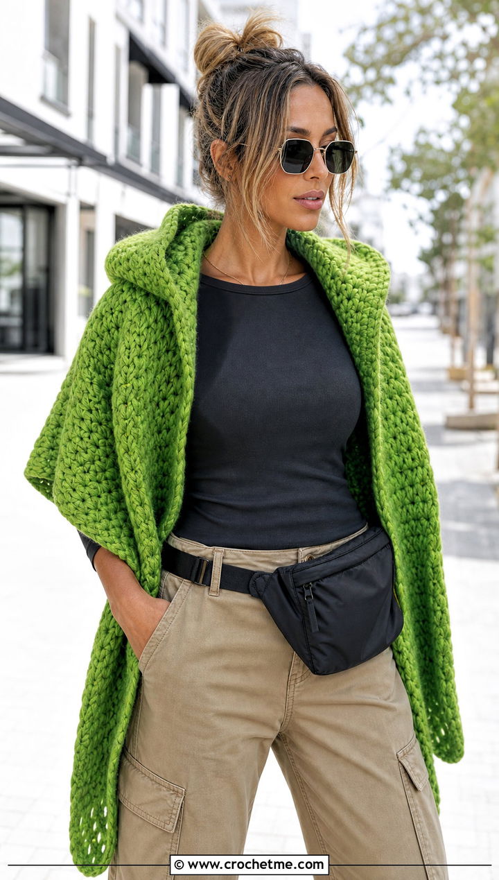 Hooded Crochet Shawl With Cargo Pants - 25 Crochet For Shawl outfit ideas