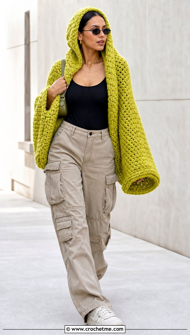 Hooded Crochet Shawl With Cargo Pants - 15 Super Bulky Crochet Shawl outfit ideas