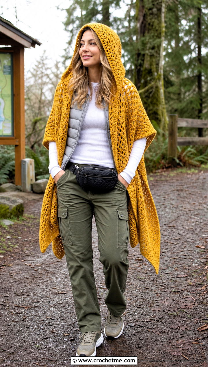 Hooded Crochet Shawl With Cargo Pants - 20 Crochet Shawl Worsted Weight Yarn outfit ideas