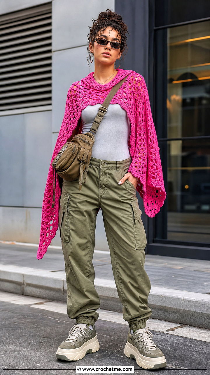 Hooded Crochet Shawl With Cargo Pants - 35 Crocheted Shawls And Wraps outfit ideas