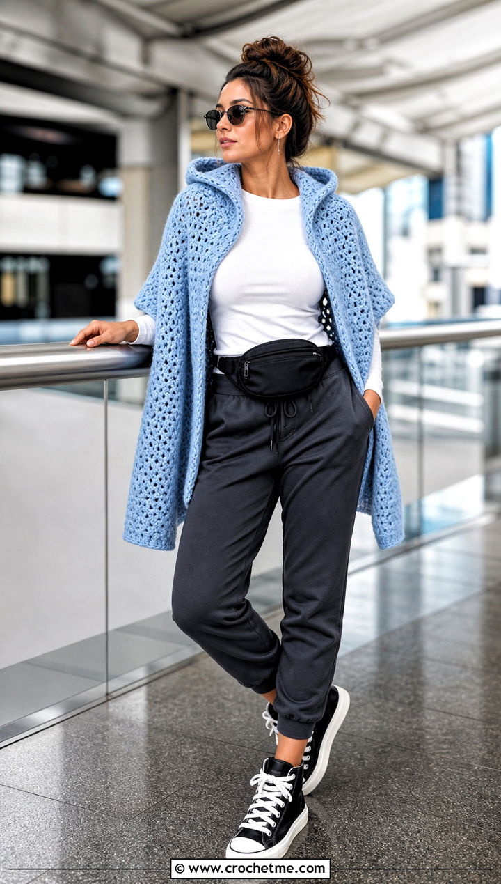 Hooded Crochet Shawl With Joggers And High Top Sneakers - 15 Easy Crochet Shawls outfit ideas