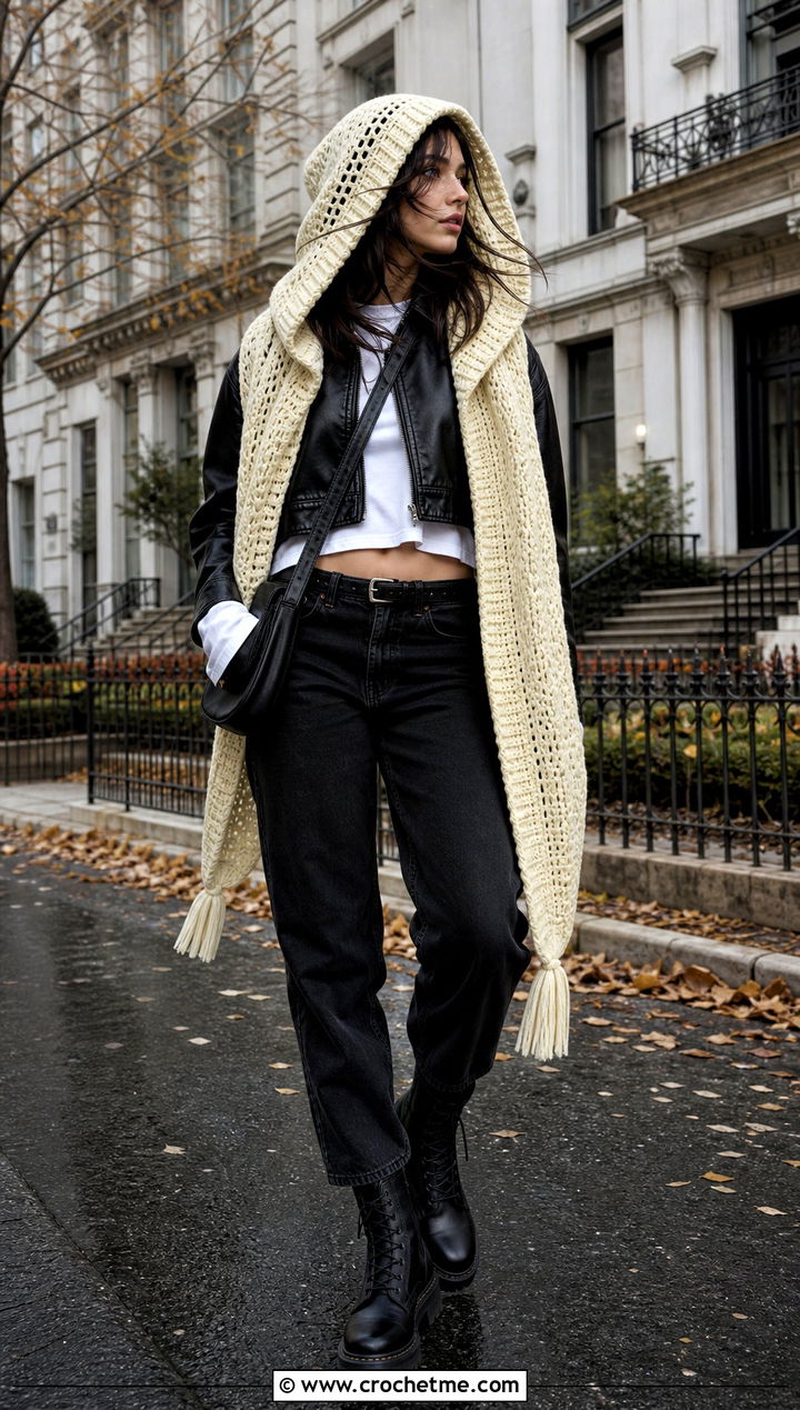 Hooded Crochet Shawl With Leather Jacket And Black Jeans - 35 quick crochet shawl outfit ideas