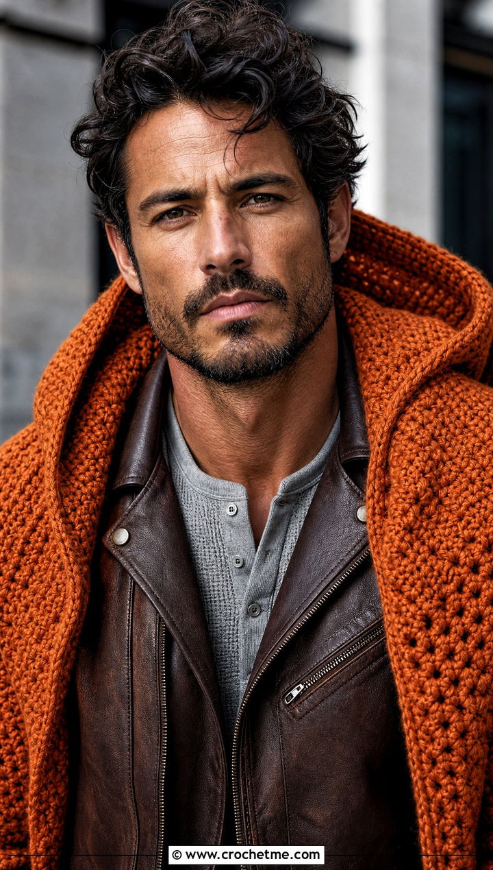 Hooded Crochet Shawl With Leather Jacket - 30 crochet shawl for men outfit ideas