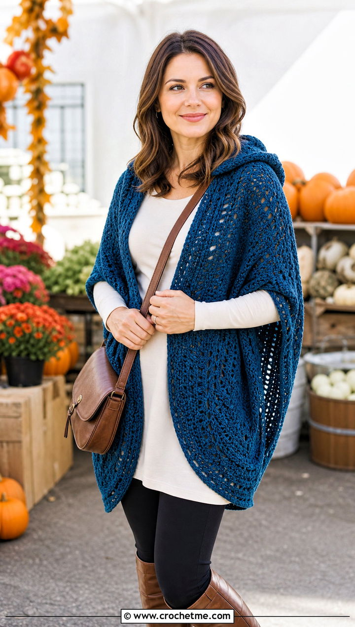 Hooded Crochet Shawl With Leggings And Boots - 20 Elegant Crochet Shawl outfit ideas