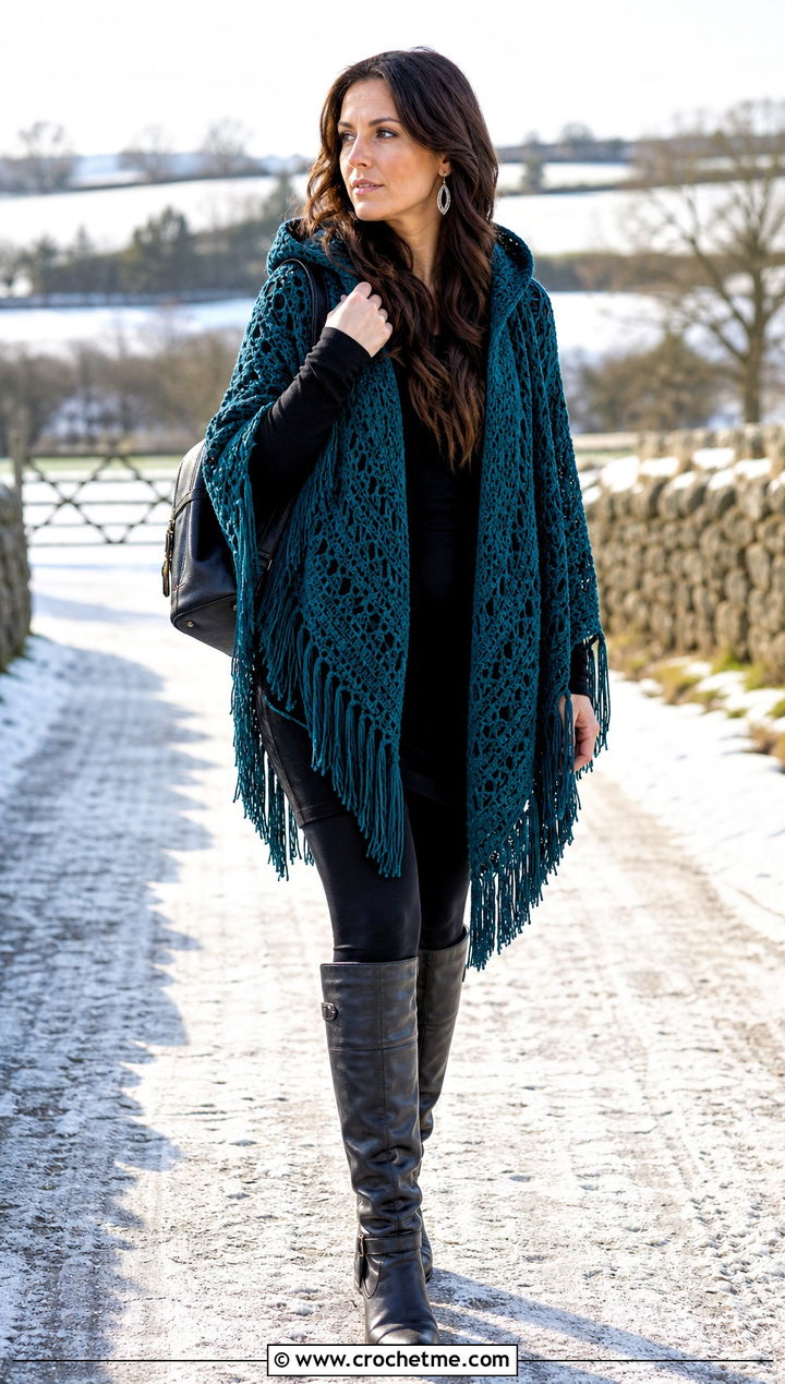 Hooded Crochet Shawl With Leggings And Boots - 25 Stevie Nicks Crochet Shawl outfit ideas