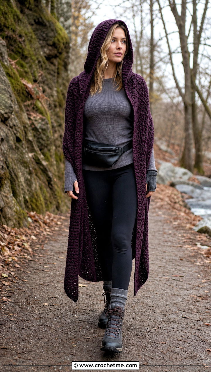 Hooded Crochet Shawl With Leggings - 30 crochet shawl wraps outfit ideas