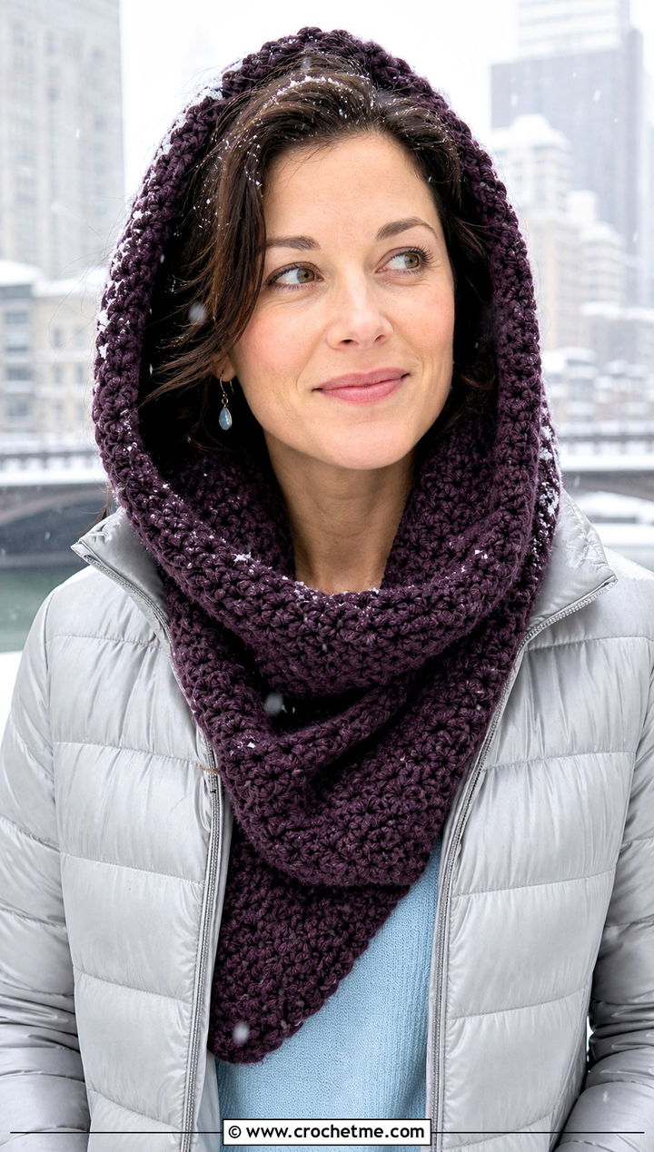 Hooded Crochet Shawl With Puffer Jacket - 25 Simple Crochet Shawl outfit ideas