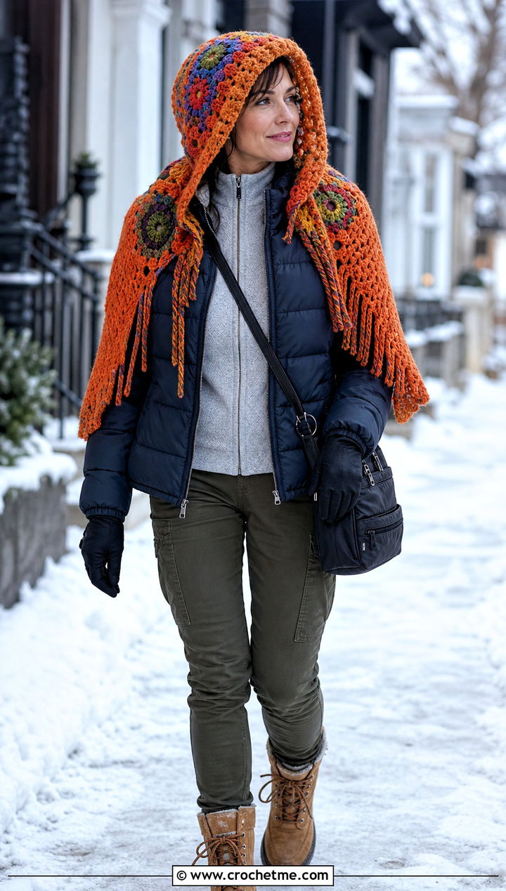 Hooded Crochet Shawl With Puffer Jacket - 30 winter crochet shawl outfit ideas