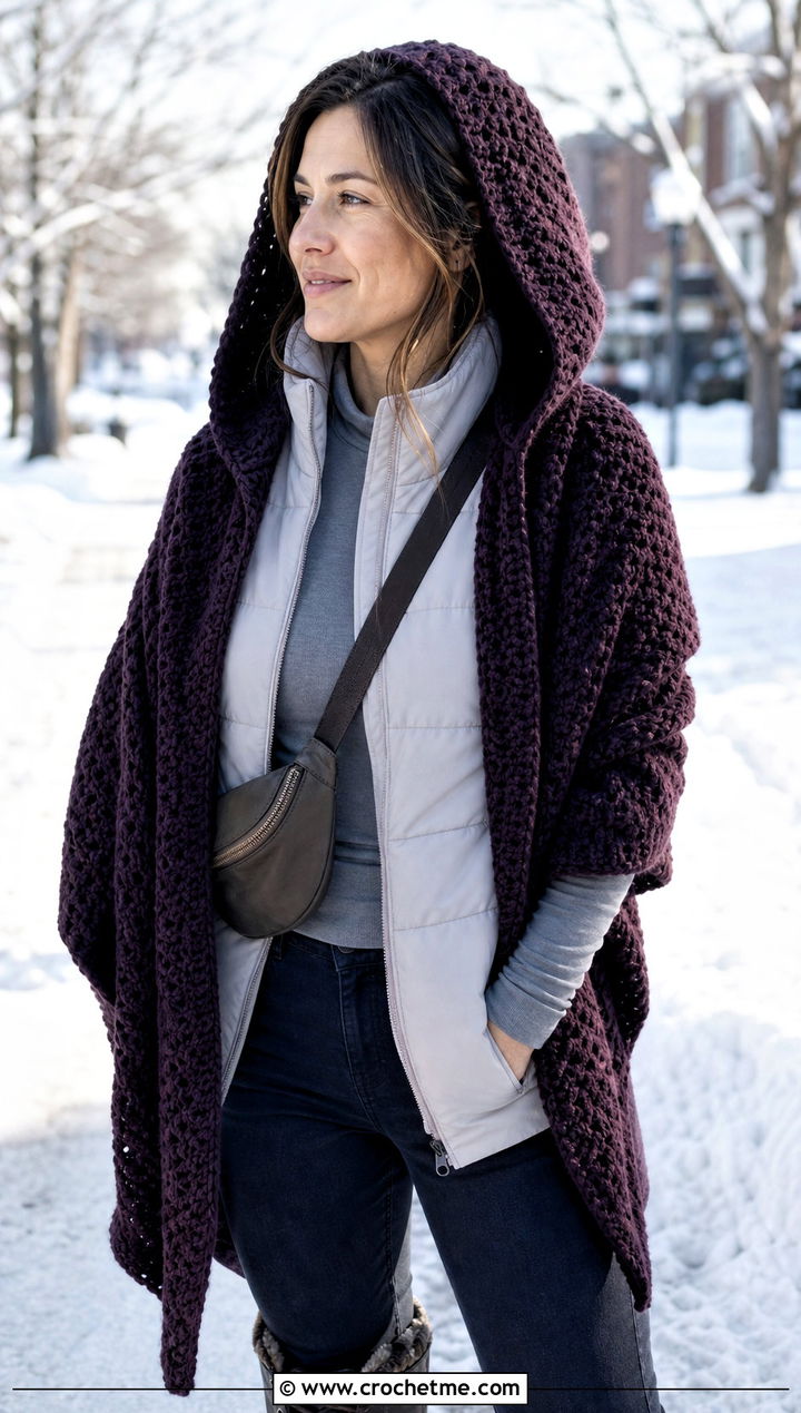 Hooded Crochet Shawl With Puffer Vest - 25 Crochet A Shawl outfit ideas