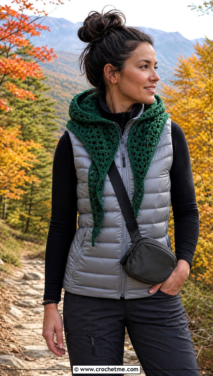 Hooded Crochet Shawl With Puffer Vest - 25 Fall Crochet Shawl outfit ideas