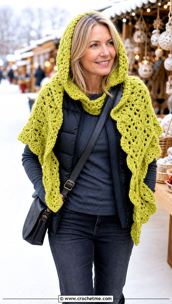 Hooded Crochet Shawl With Puffer Vest - 25 Vintage Crochet Shawl outfit ideas