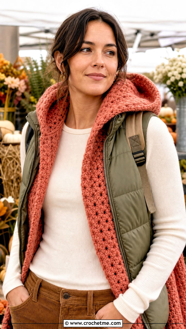Hooded Crochet Shawl With Puffer Vest - 20 Crochet For Shawls And Wraps outfit ideas
