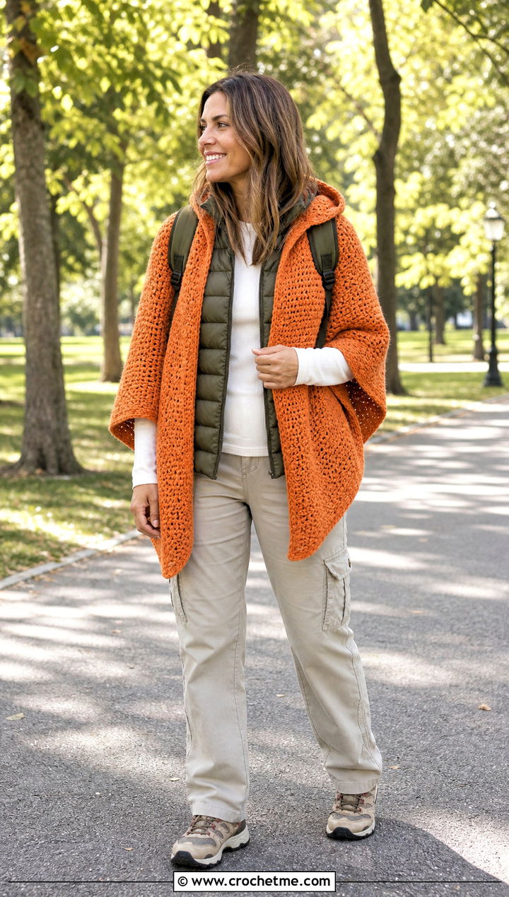 Hooded Crochet Shawl With Puffer Vest And Cargo Pants - 35 easy crochet shawl outfit ideas